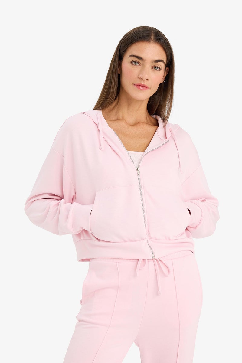 DeFacto Pink Woman Loose Fit Zip-Up Modal Hoodie Casual - Image 4